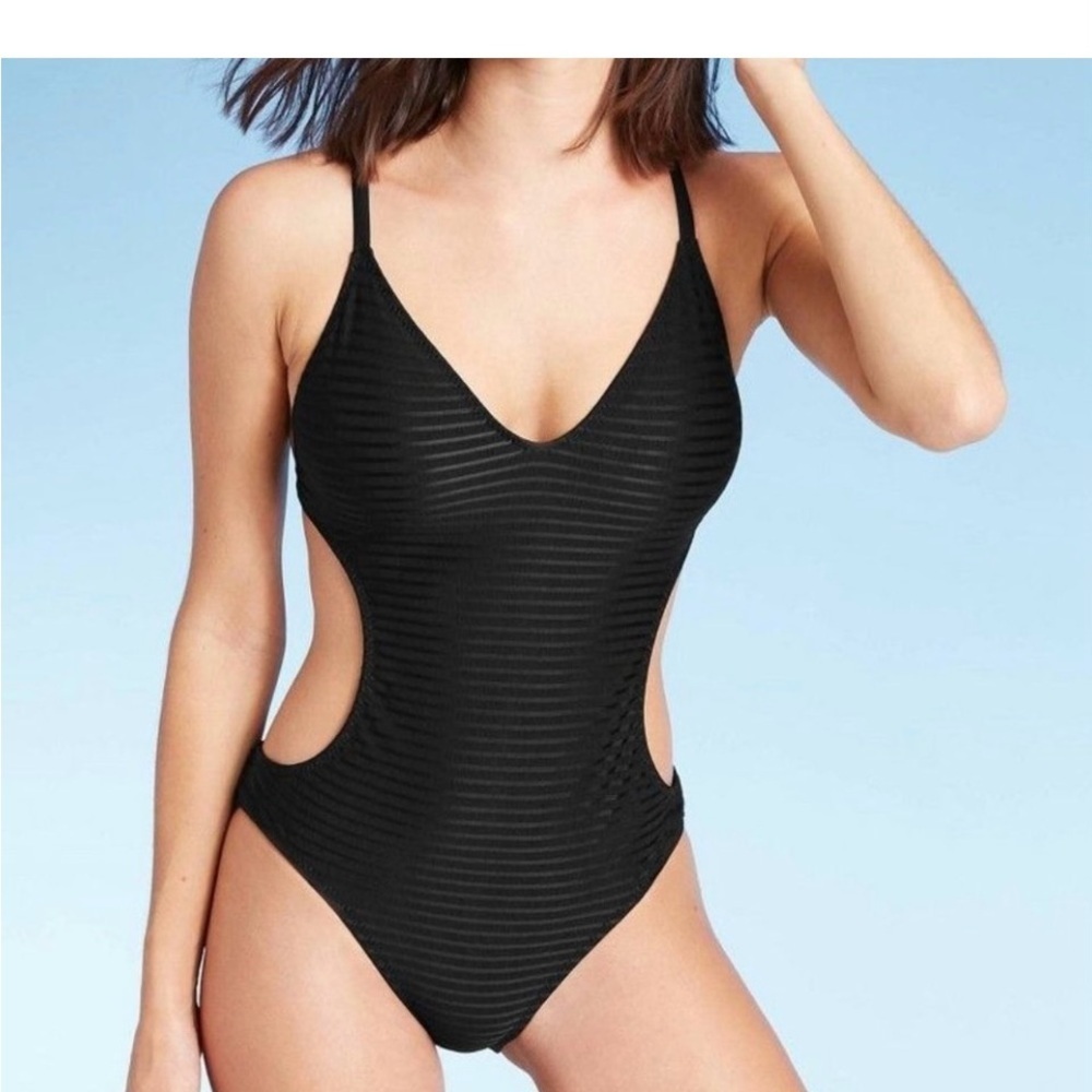 Shade & Shore Black Monokini One Piece with Plunging Neckline
